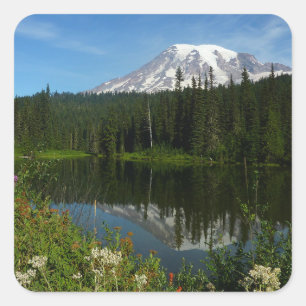 Mount Rainier Lake Reflection with Wildflowers Square Sticker