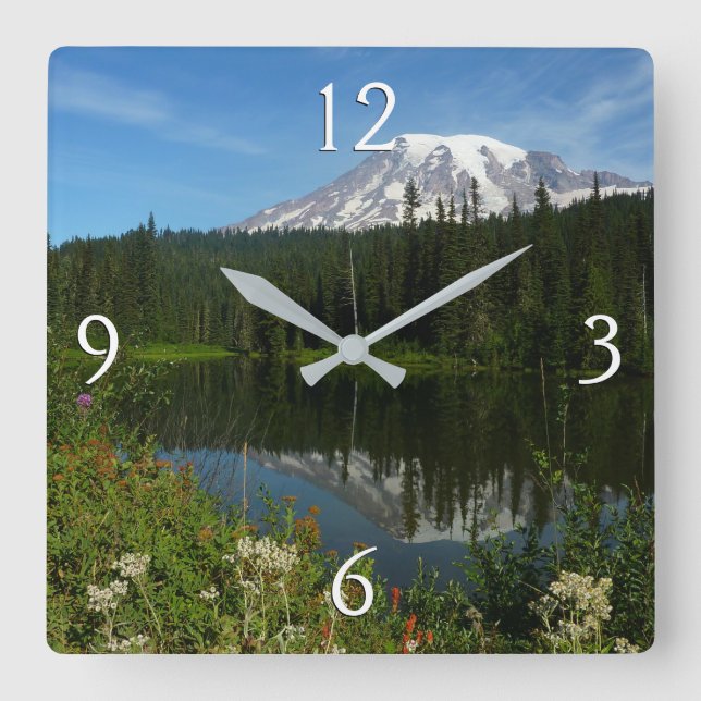 Mount Rainier Lake Reflection with Wildflowers Square Wall Clock (Front)