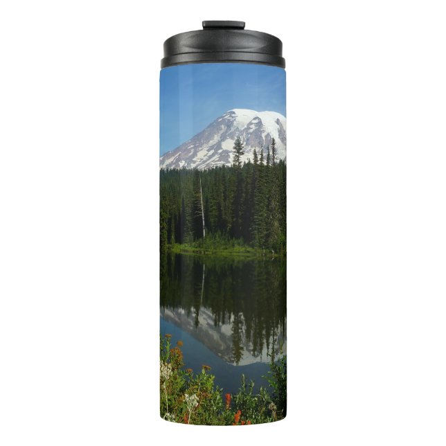 Mount Rainier Lake Reflection with Wildflowers Thermal Tumbler (Front)