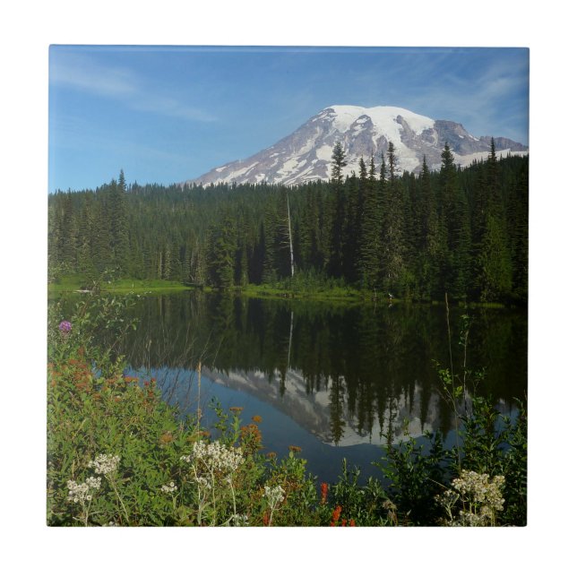Mount Rainier Lake Reflection with Wildflowers Tile (Front)