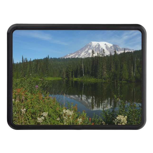 Mount Rainier Lake Reflection with Wildflowers Trailer Hitch Cover (Front)