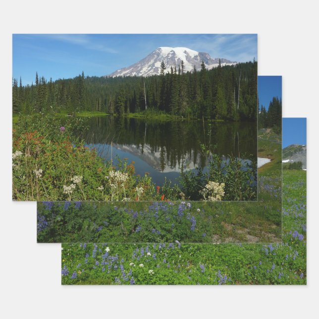 Mount Rainier Lake Reflection with Wildflowers Wrapping Paper Sheet (Set)