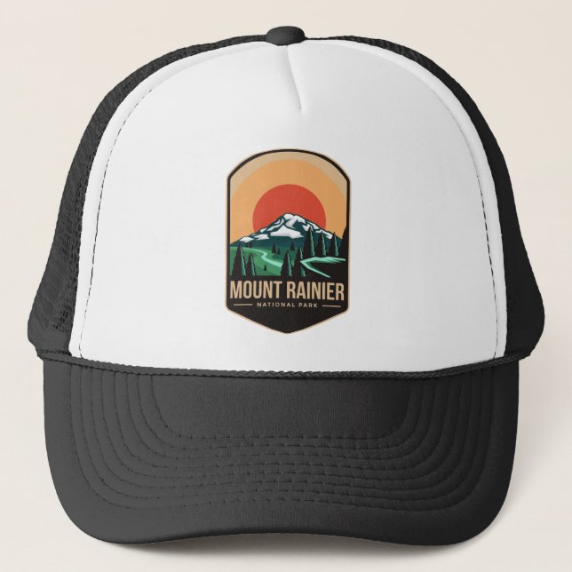Mount rainier national park emblem patch logo trucker hat (Front)