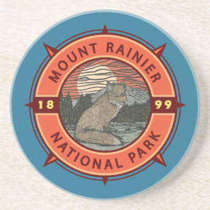 Mount Rainier National Park Red Fox Retro Compass Coaster