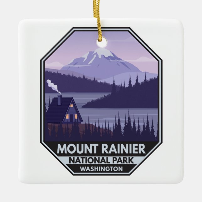Mount Rainier National Park Washington Cabin Retro Ceramic Ornament (Front)