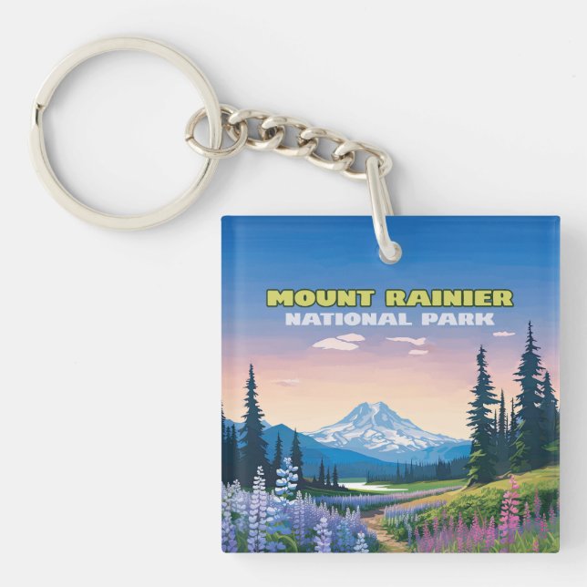 Mount Rainier National Park Washington Retro Keychain (Front)