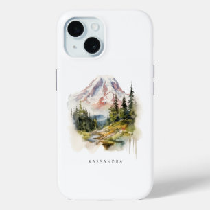Mount Rainier PNW Watercolor Scenery Personalized iPhone 15 Case