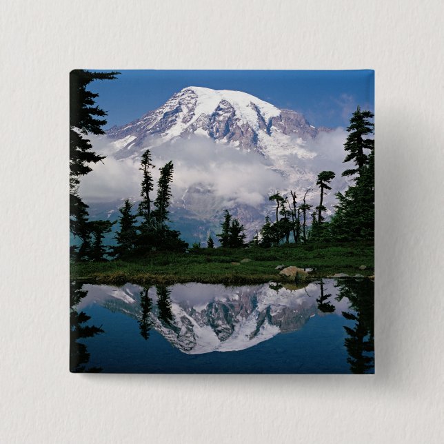 Mount Rainier relected in a mountain tarn 2 Inch Square Button (Front)