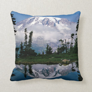 Mount Rainier relected in a mountain tarn Throw Pillow