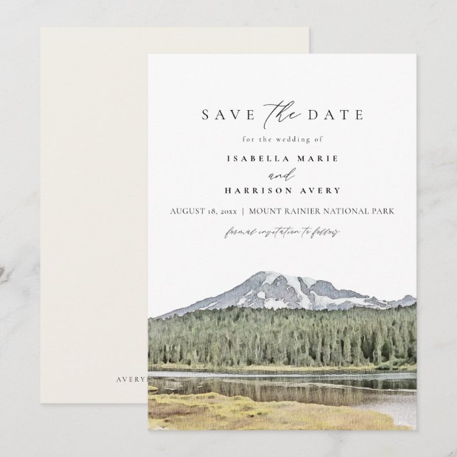 MOUNT RAINIER Watercolor Destination Save the Date Invitation (Front/Back)