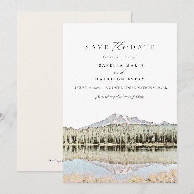 MOUNT RAINIER Watercolor Destination Save the Date Invitation (Front/Back)