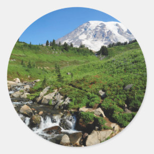 Mount Rainier, waterfall, snow-covered Classic Round Sticker