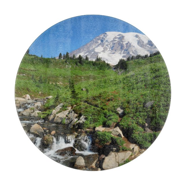 Mount Rainier, waterfall, snow-covered Cutting Board (Front)