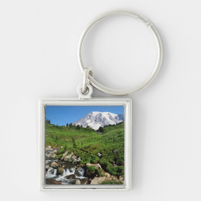 Mount Rainier, waterfall, snow-covered Keychain (Front)