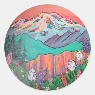 Mount Rainier Wildflower Waterfall Painting  Classic Round Sticker