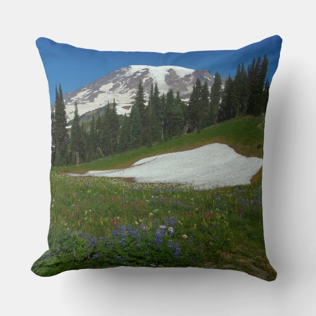 Mount Rainier, Wildflowers and Snow Throw Pillow (Front)