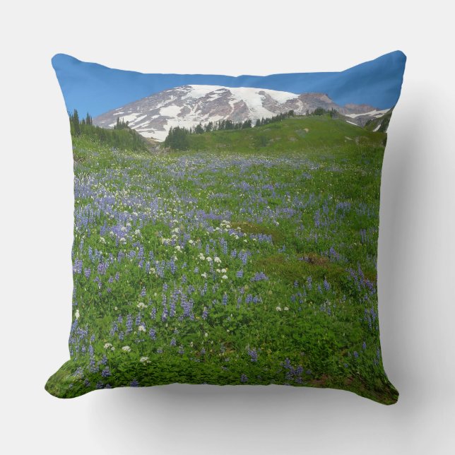 Mount Rainier with Purple Lupins Throw Pillow (Front)