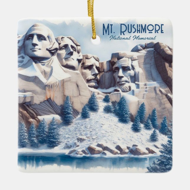 Mount Rushmore Snow Christmas Ceramic Ornament (Front)