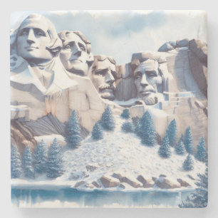 Mount Rushmore Snow Christmas Stone Coaster