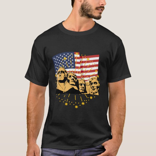 Mount Rushmore Us Presidents America Flag Firework T-Shirt (Front)