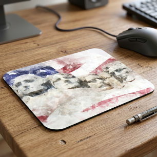 Mount Rushmore Watercolor with American Flag Mouse Pad