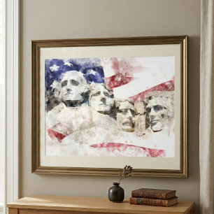 Mount Rushmore Watercolor with American Flag Photo Print