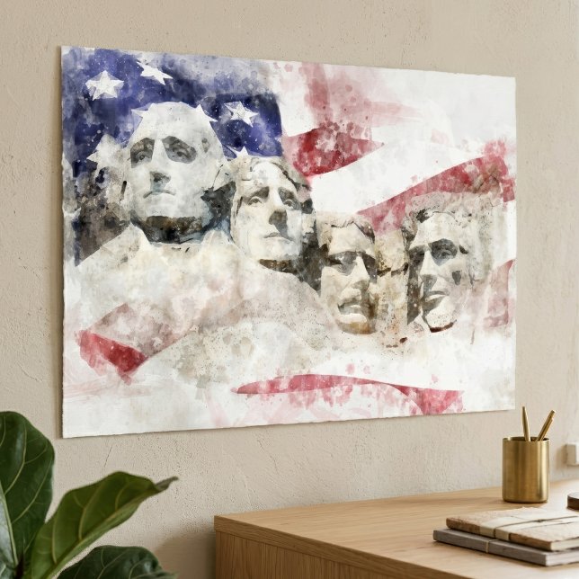 Mount Rushmore Watercolor with American Flag Poster (Mount Rushmore Watercolor with American Flag. Poster)