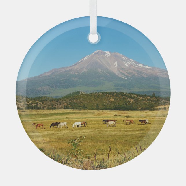 Mount Shasta Horse Herd Glass Ornament (Front)