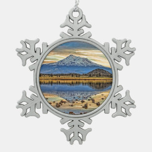 MOUNT SHASTA REFLECTED SNOWFLAKE PEWTER CHRISTMAS ORNAMENT