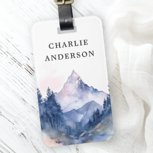Mountain and trees watercolor forest scenery luggage tag