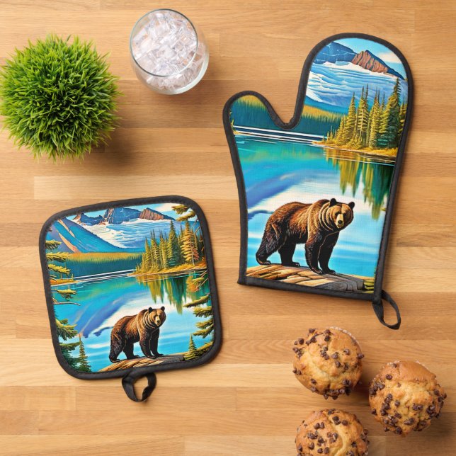 Mountain Bear: Lake Reflection Art Oven Mitt & Pot Holder Set (Top Down)