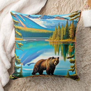 Mountain Bear: Lake Reflection Art Throw Pillow