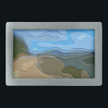 MOUNTAIN BELT BUCKLE<br><div class="desc">A bright, colourful abstract design of a mountain view, with blue sky, rock and trees.</div>