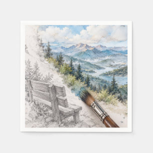 Mountain Bench Emerging From Sketch to Watercolor Napkin