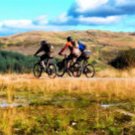 MOUNTAIN BIKING<br><div class="desc">A watercolor a of three men mountain biking in the Welsh hills.
com</div>