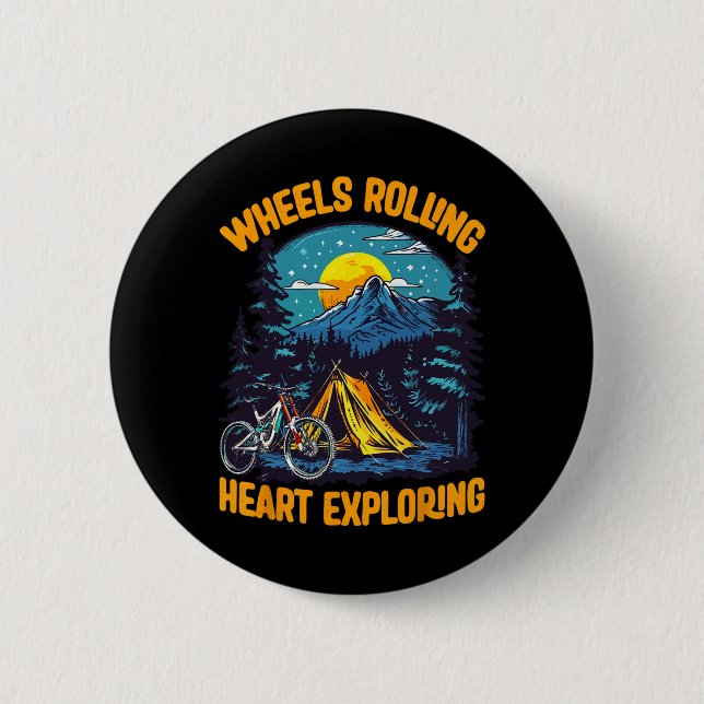 Mountain Biking Adventure Camping Wheels Rolling E 2 Inch Round Button (Front)