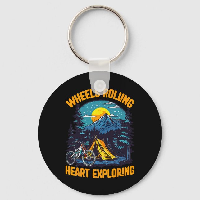 Mountain Biking Adventure Camping Wheels Rolling E Keychain (Front)