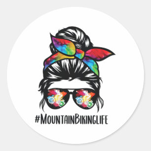 Mountain Biking Mom Messy Bun Hair Gles Classic Round Sticker