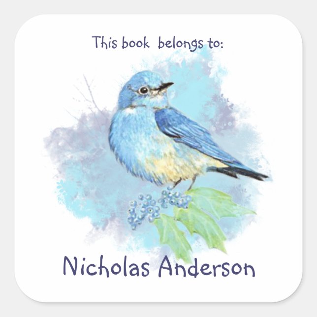 Mountain Bluebird Bird book belongs Bookplate Square Sticker (Front)