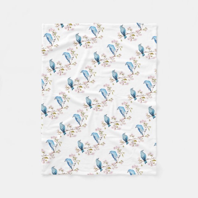 Mountain Bluebirds on Sakura Branch Fleece Blanket (Front)