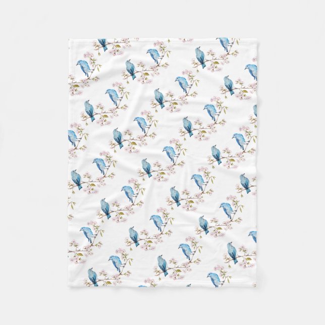 Mountain Bluebirds on Sakura Branch Fleece Blanket (Front)