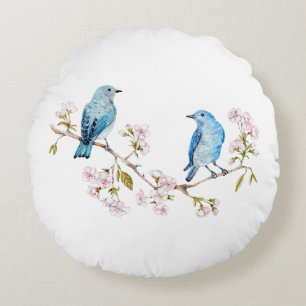 Mountain Bluebirds on Sakura Branch Round Pillow