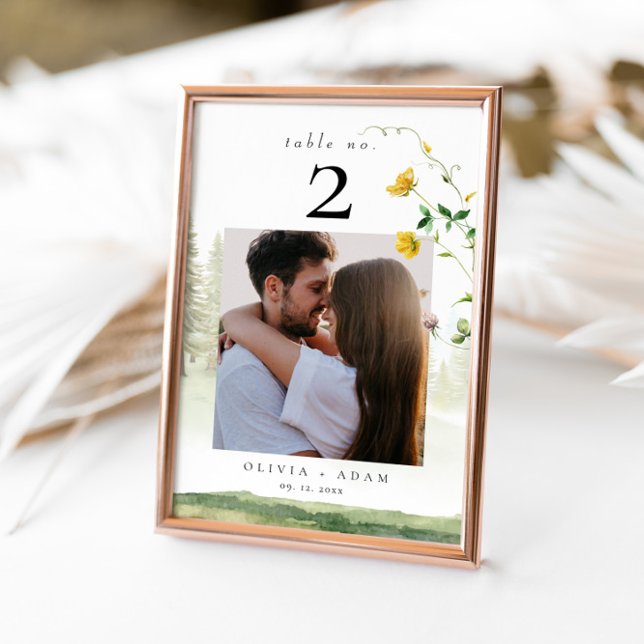 Mountain Boho Wildflower Wedding Photo Table Card (Creator Uploaded)