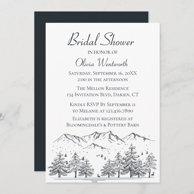 Mountain Bridal Shower Trees Nature Black Grey Invitation (Front/Back)