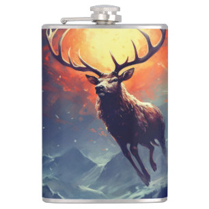 Mountain Buck Running From Blazing Fire Hip Flask