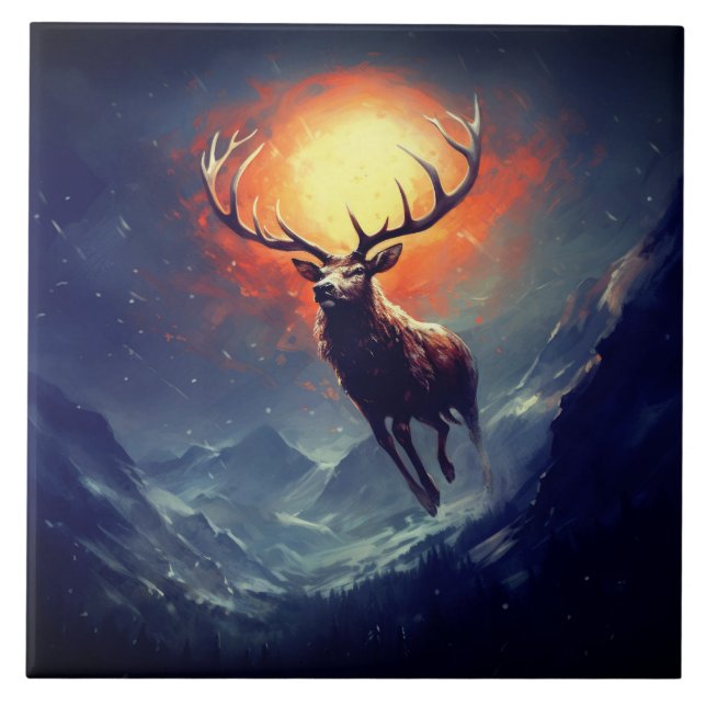 Mountain Buck Running From Blazing Fire   Tile (Front)