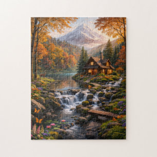 Mountain Cabin in Autumn Glow Serene Nature Jigsaw Puzzle