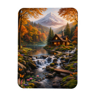Mountain Cabin in Autumn Glow Serene Nature Magnet