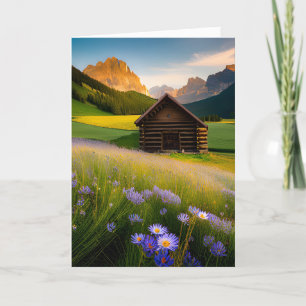 Mountain Cabin With Wildflowers For Birthday Card