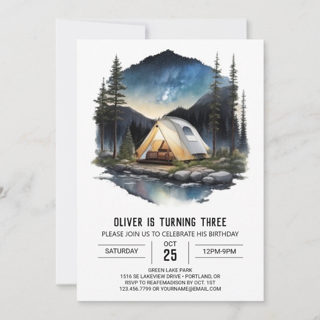 Mountain Campfire Explorer Birthday Invitation (Front)